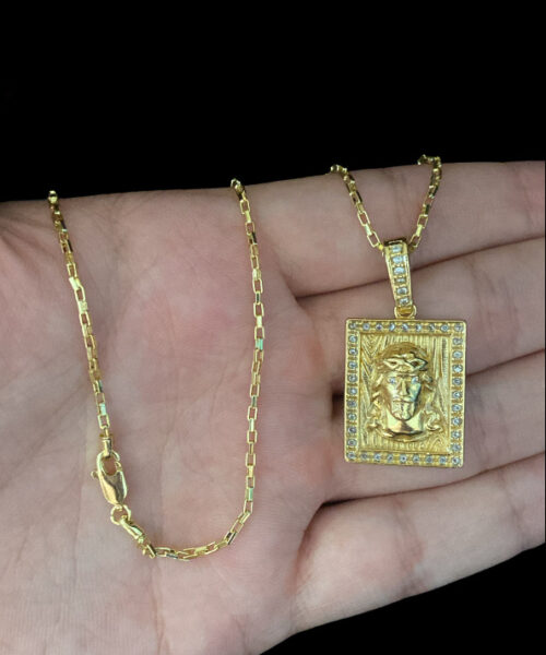 Cordão Tijolinho 1mm + Pingente Jesus - Banhado A Ouro
