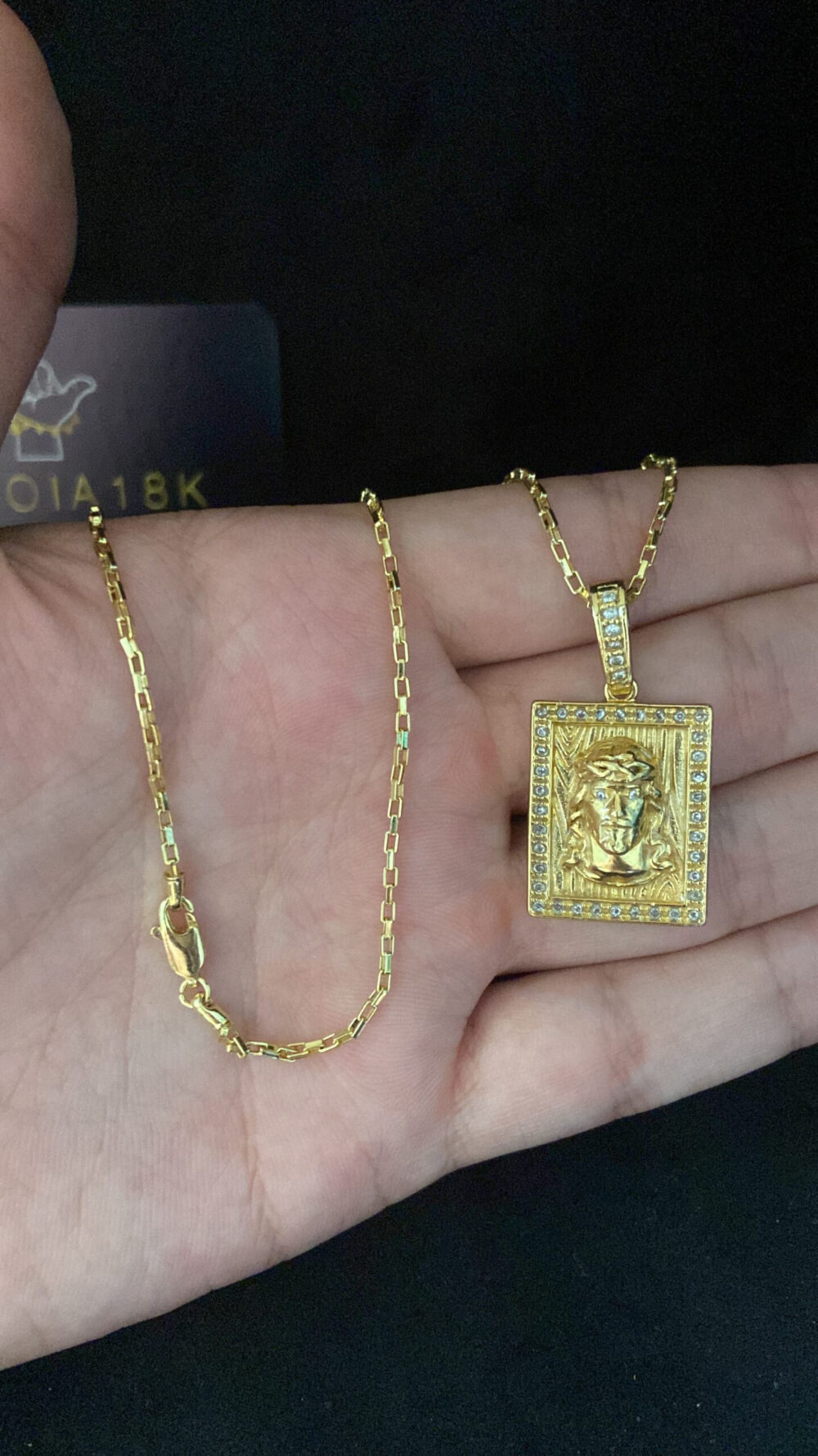 Cordão Tijolinho 1Mm + Pingente Jesus - Banhado A Ouro - Imagem 4