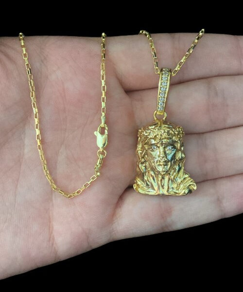 Cordão Tijolinho 1mm + Pingente Jesus - Banhado A Ouro