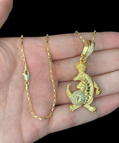 Cordão Tijolinho 1mm + Pingente Jacaré Rei - Banhado A Ouro