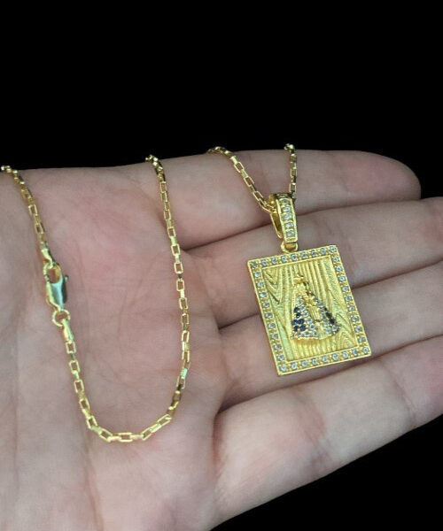 Cordão Tijolinho 1mm + Pingente Nossa Senhora - Banhado A Ouro