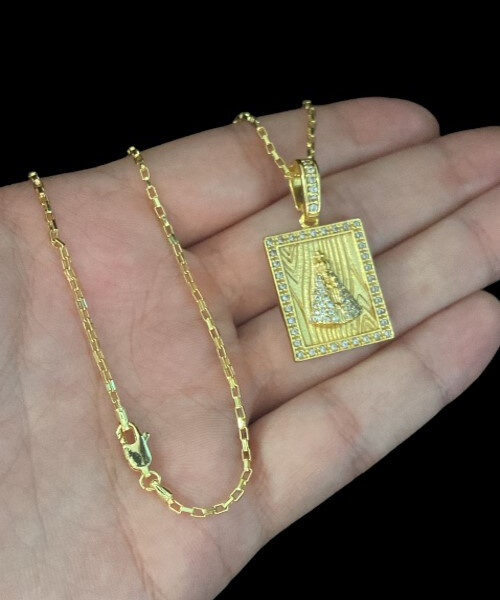 Cordão Tijolinho 1mm + Pingente Nossa Senhora - Banhado A Ouro