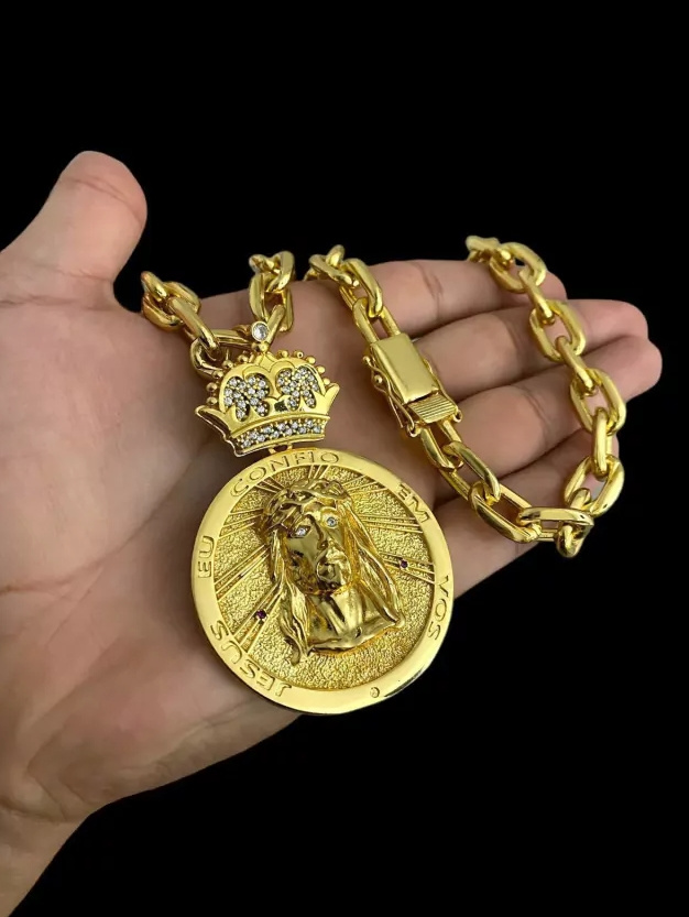 15253178490 Cordao20Cadeado2014Mm2020Pingente20Jesus20Eu20Confio20Em20Vos20 20Banhado20A20Ouro2018K