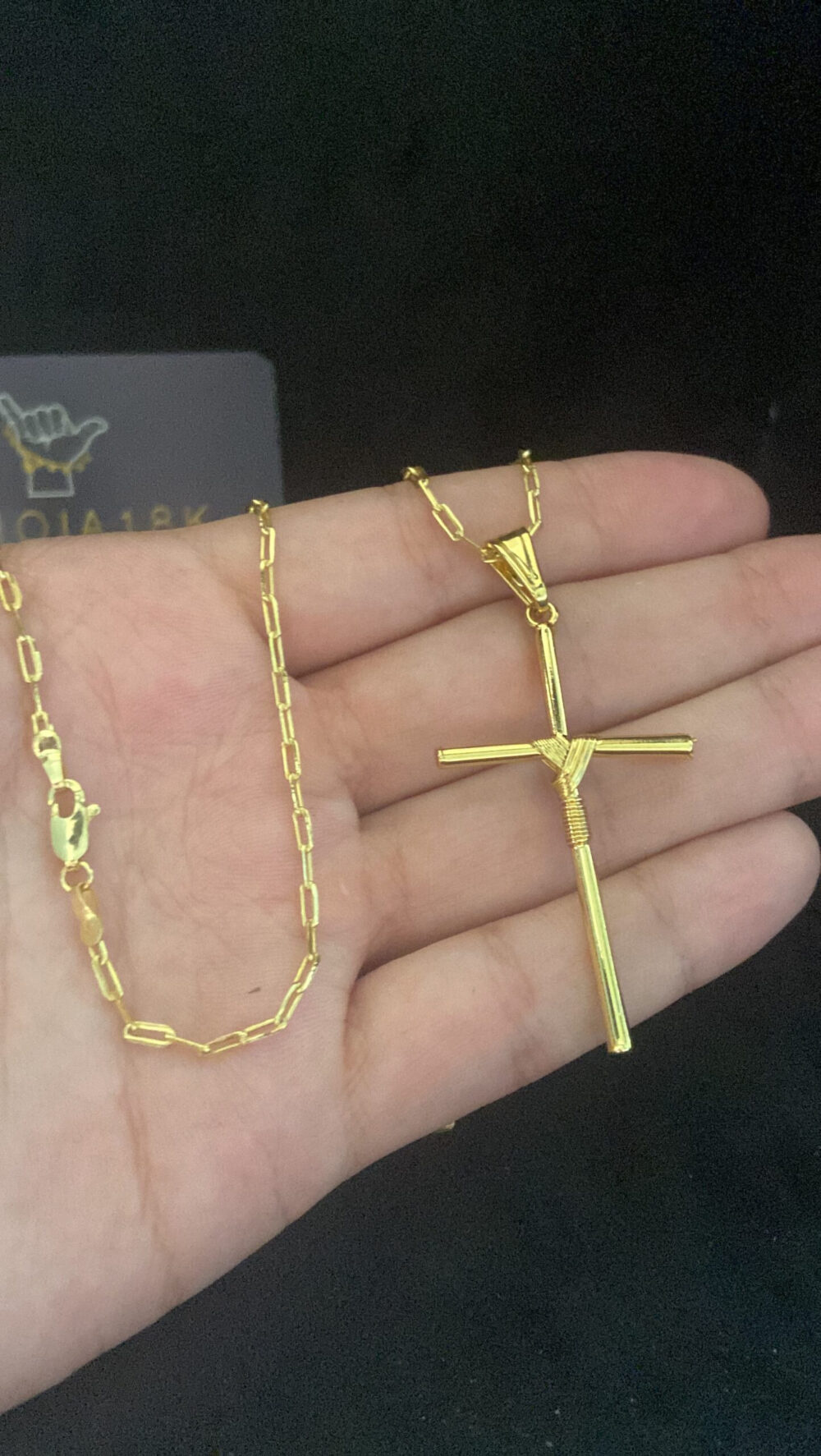 Cordão Cadeado Alongado 1Mm + Pingente Cruz Fio - Banhado A Ouro - Imagem 2