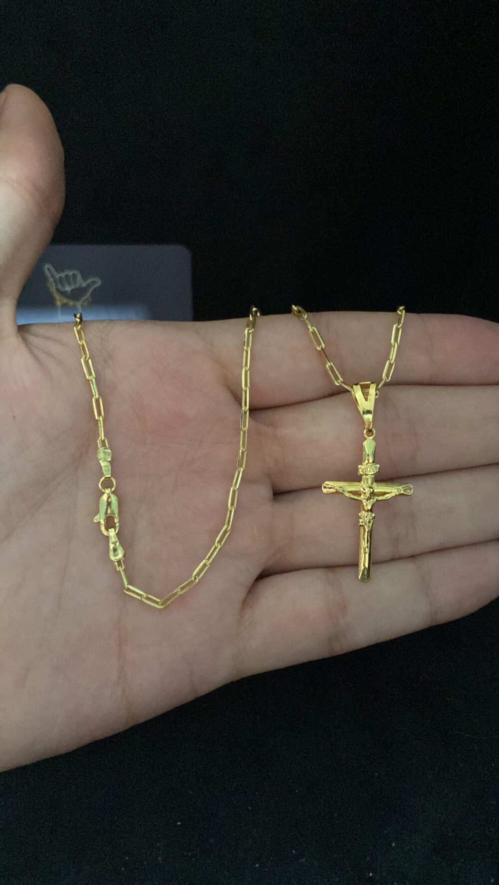 Cordão Cadeado Alongado 1Mm + Pingente Cruz Jesus - Banhado A Ouro - Imagem 3