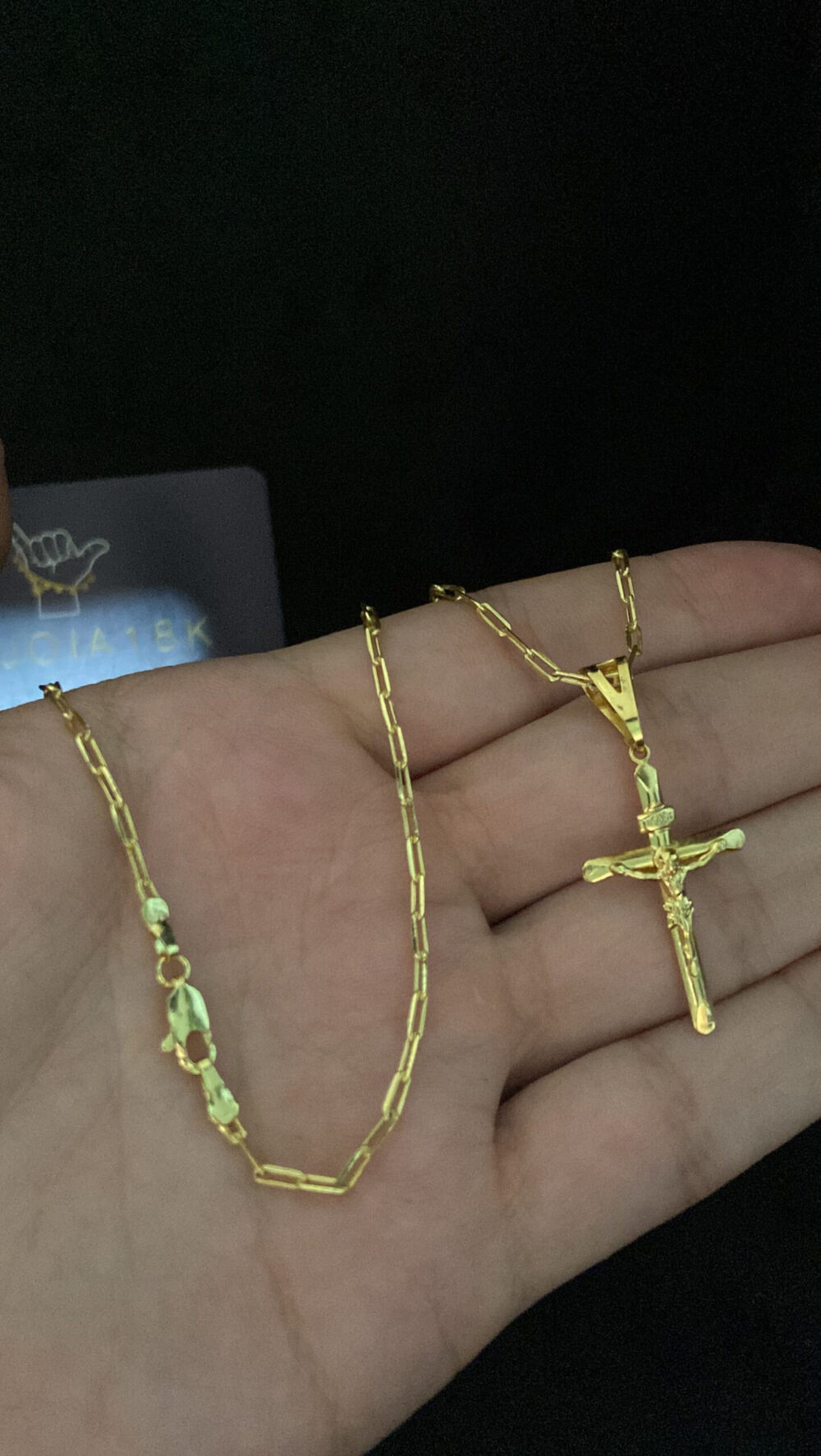 Cordão Cadeado Alongado 1Mm + Pingente Cruz Jesus - Banhado A Ouro - Imagem 2