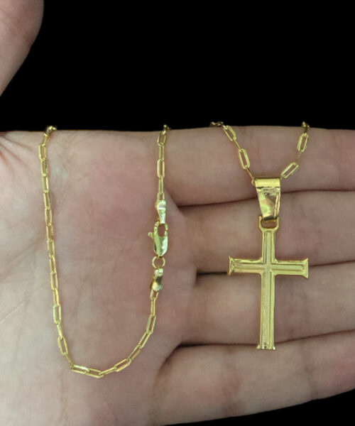 Cordão Cadeado Alongado 1mm + Pingente Cruz Tradicional - Banhado A Ouro