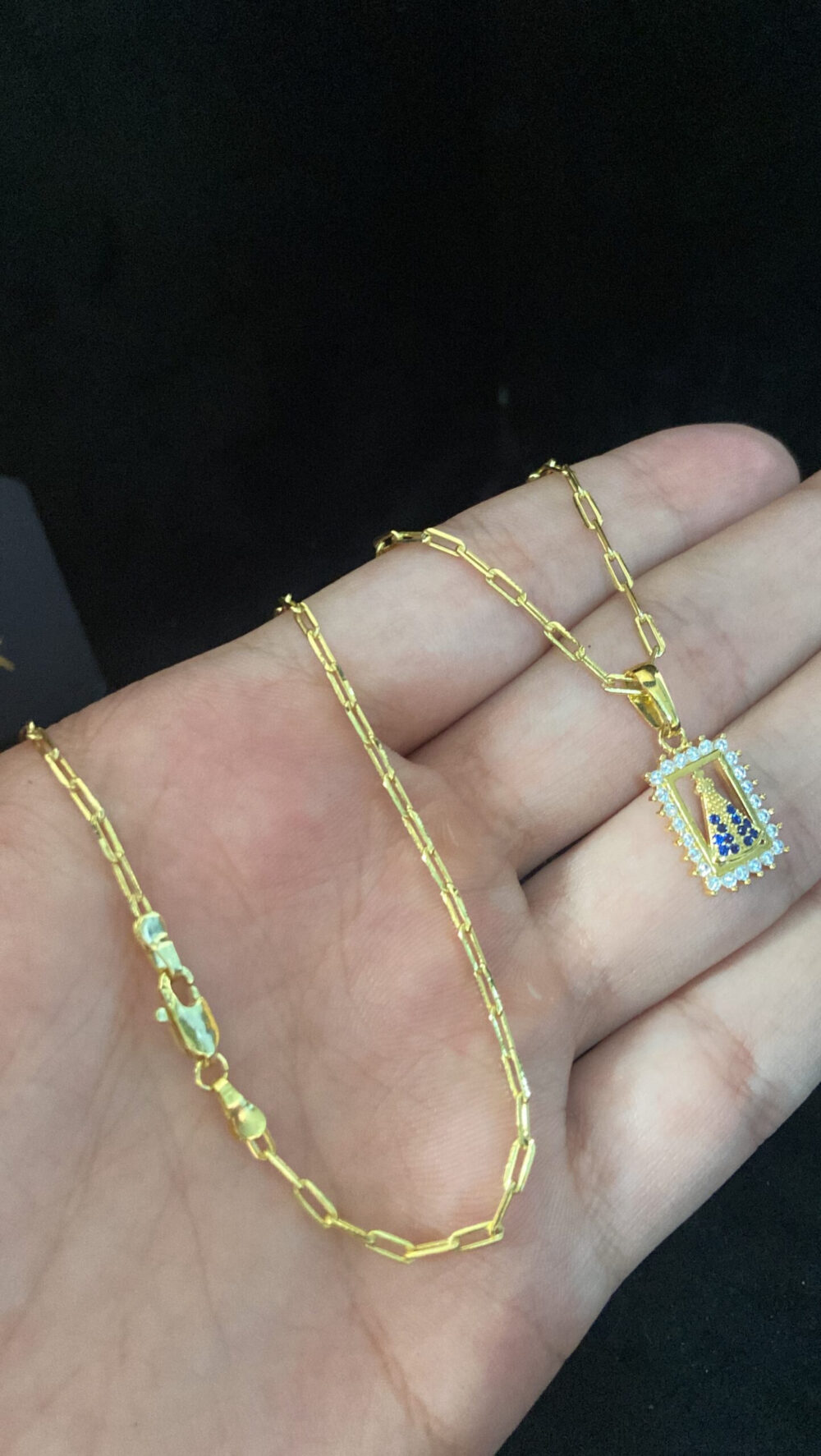 Cordão Cadeado  Alongado 1Mm + Pingente Nossa Senhora - Banhado A Ouro - Imagem 2