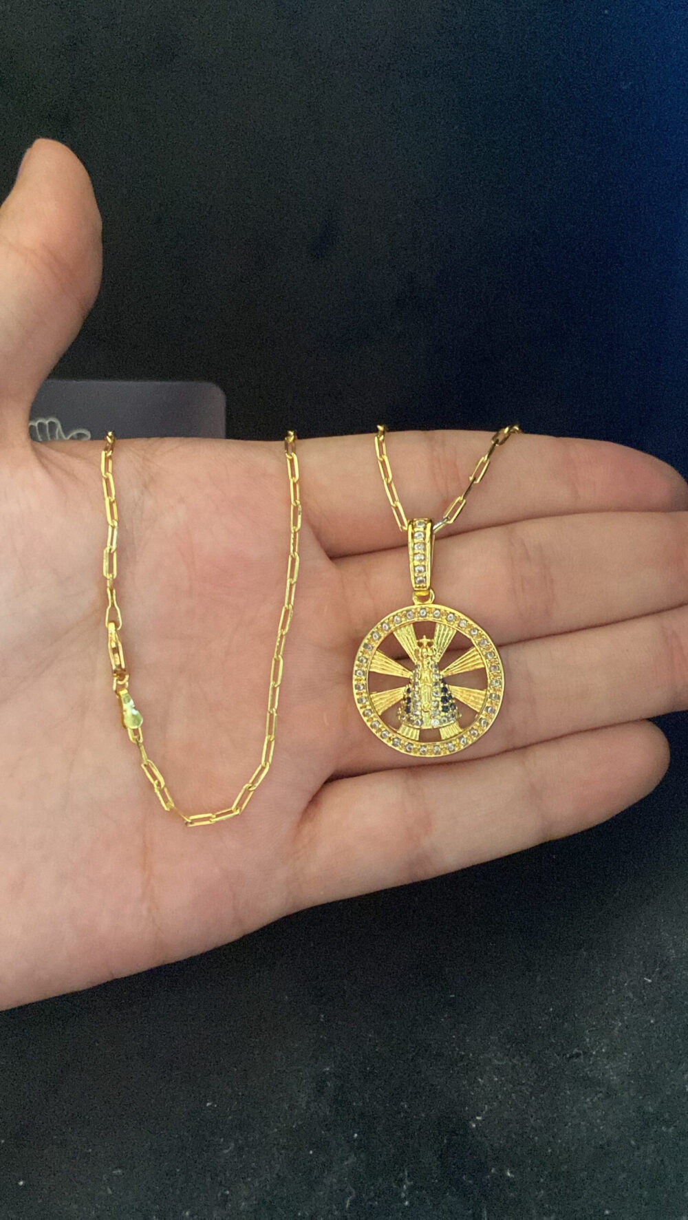 Cordão Cadeado  Alongado 1Mm + Pingente Nossa Senhora - Banhado A Ouro - Imagem 4