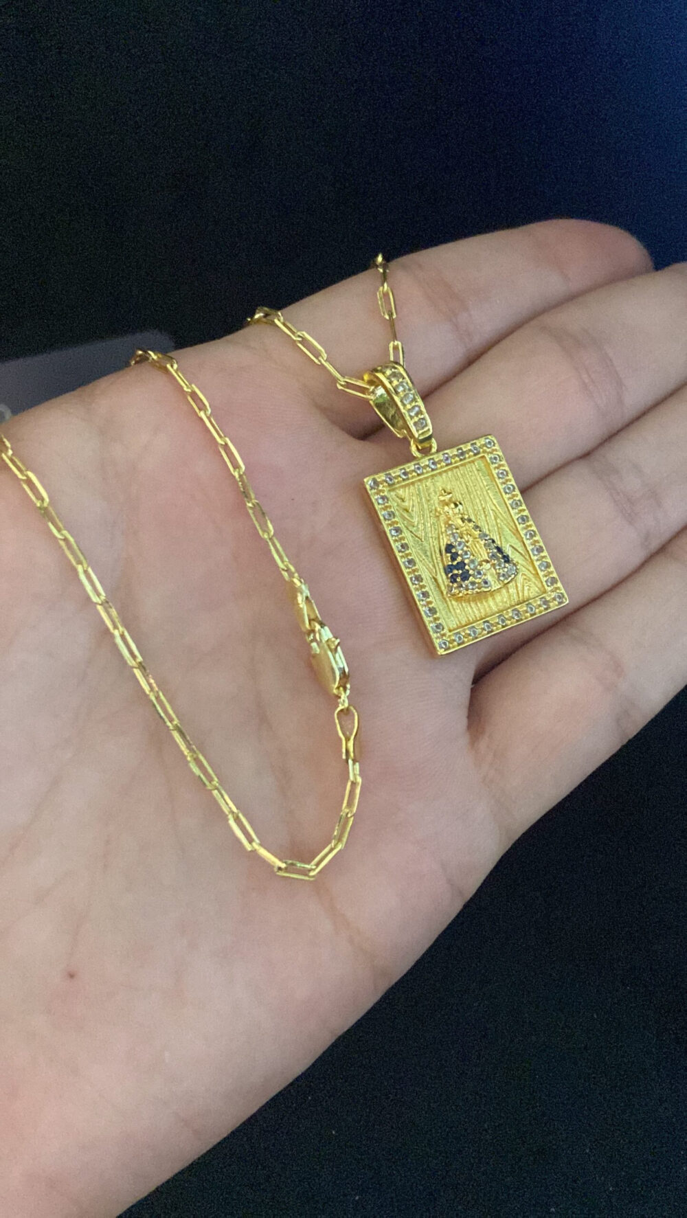 Cordão Cadeado  Alongado 1Mm + Pingente Nossa Senhora - Banhado A Ouro - Imagem 2