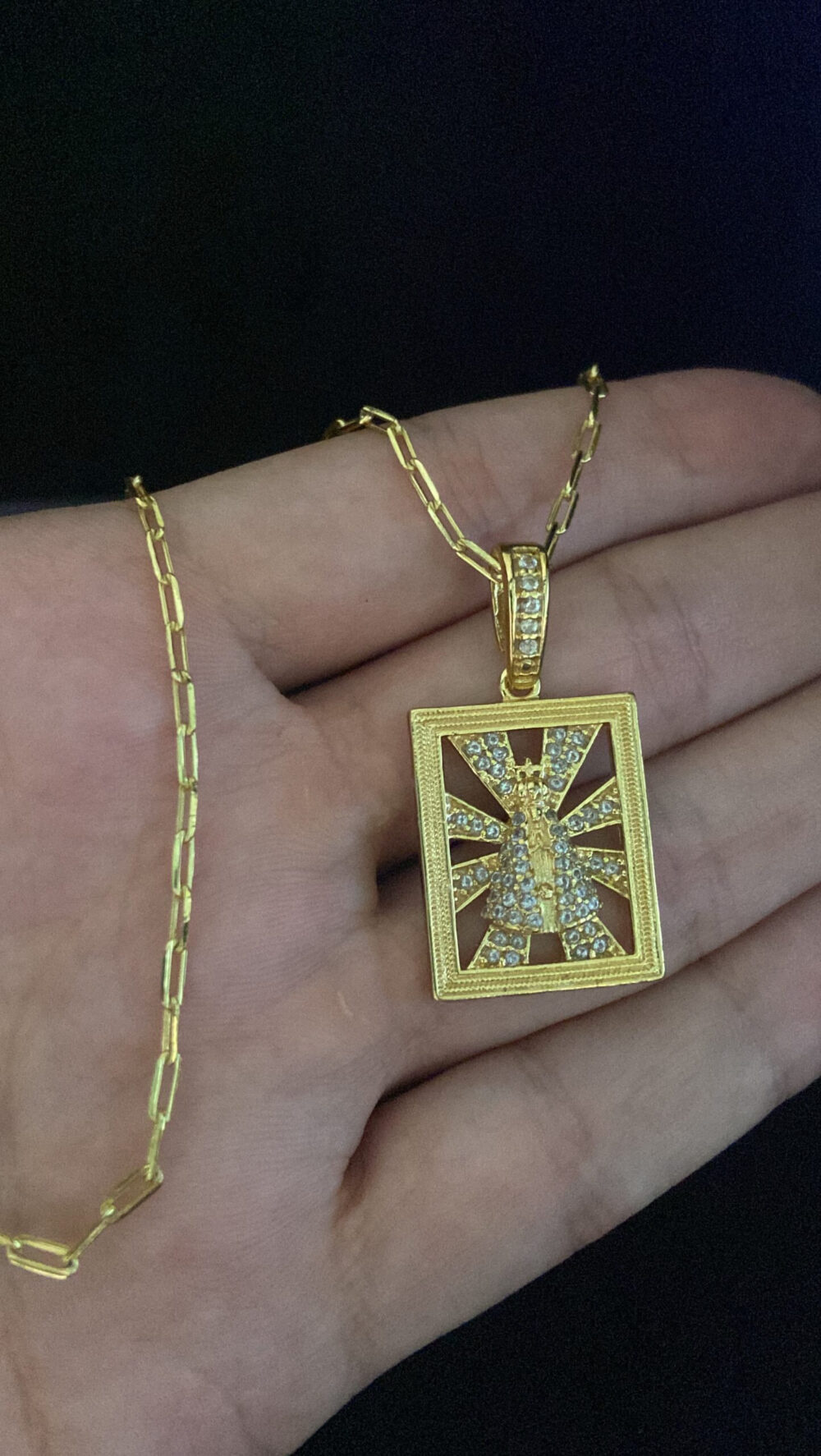 Cordão Cadeado  Alongado 1Mm + Pingente Nossa Senhora - Banhado A Ouro - Imagem 2