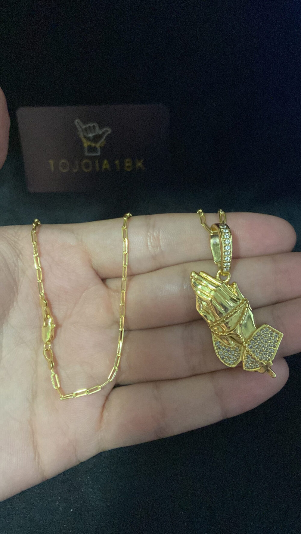 Cordão Cadeado Alongado 1Mm + Pingente Fé Mão - Banhado A Ouro - Imagem 3