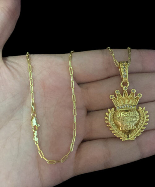 Cordão Cadeado Alongado 1mm Pingente Jesus Dono - Banhado A Ouro