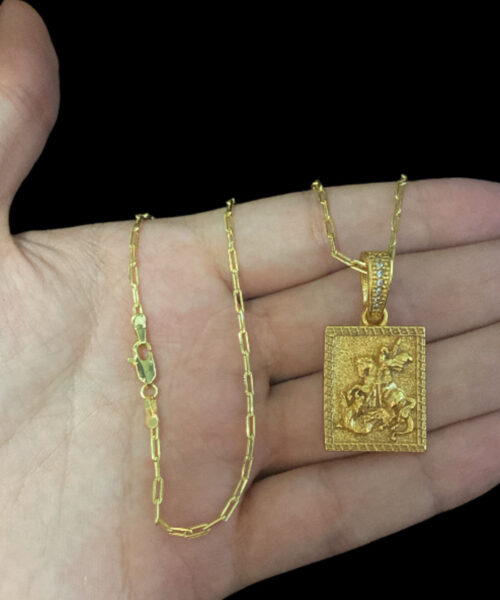 Cordão Cadeado Alongado 1mm + Pingente São Jorge - Banhado A Ouro