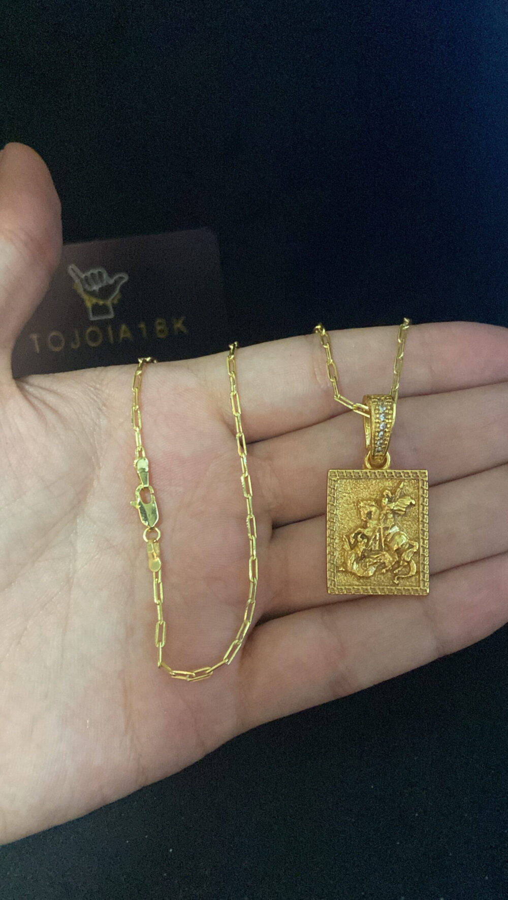 Cordão Cadeado Alongado 1Mm + Pingente São Jorge - Banhado A Ouro - Imagem 3