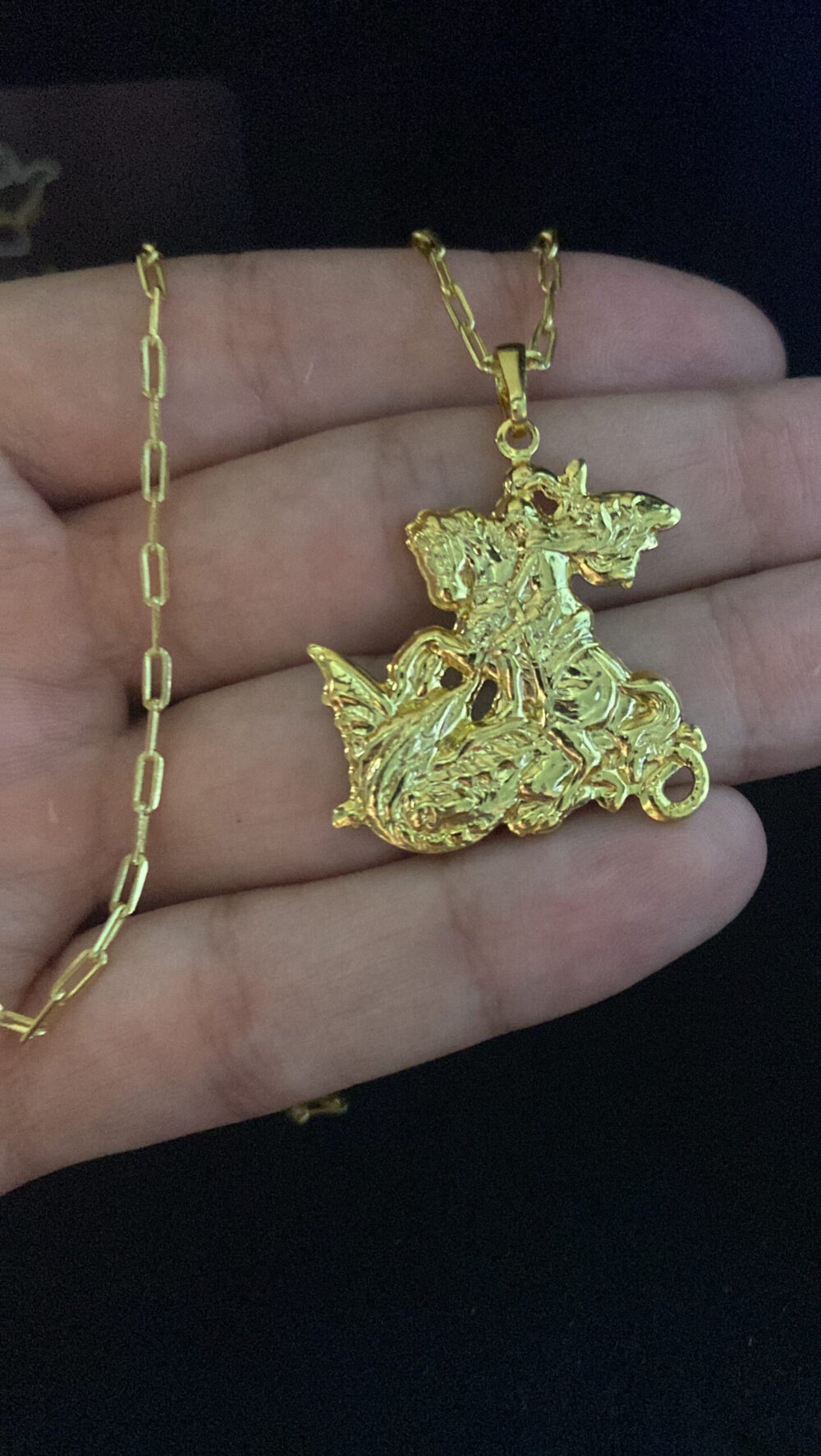 Cordão Cadeado Alongado 1Mm + Pingente São Jorge - Banhado A Ouro - Imagem 2