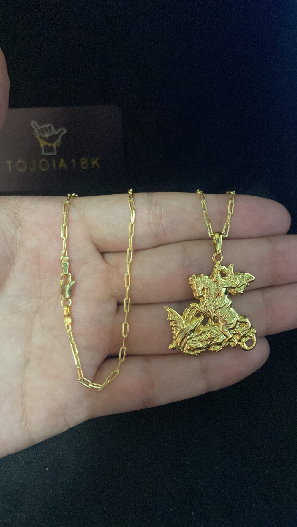 Cordão Cadeado Alongado 1Mm + Pingente São Jorge - Banhado A Ouro - Imagem 4