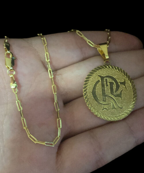 Cordão Cadeado Alongado 1mm + Pingente CRF - Banhado A Ouro