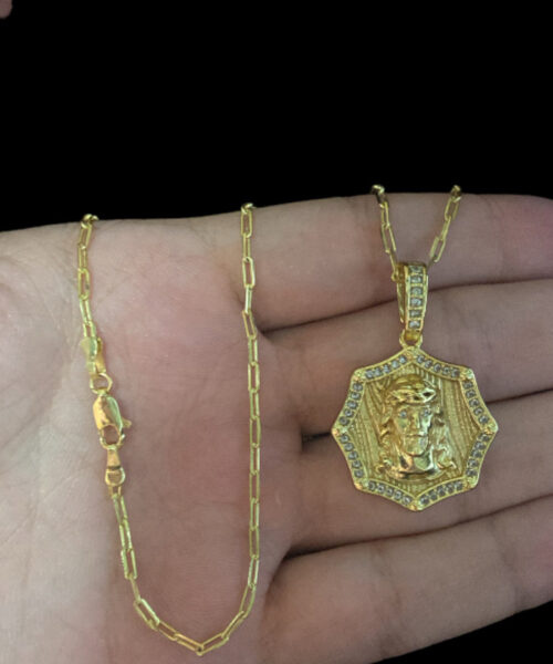Cordão Cadeado Alongado 1mm + Pingente Jesus - Banhado A Ouro