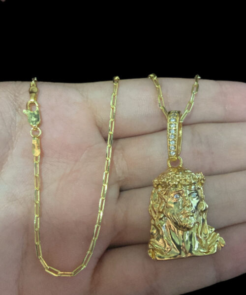 Cordão Cadeado Alongado 1mm + Pingente Jesus - Banhado A Ouro