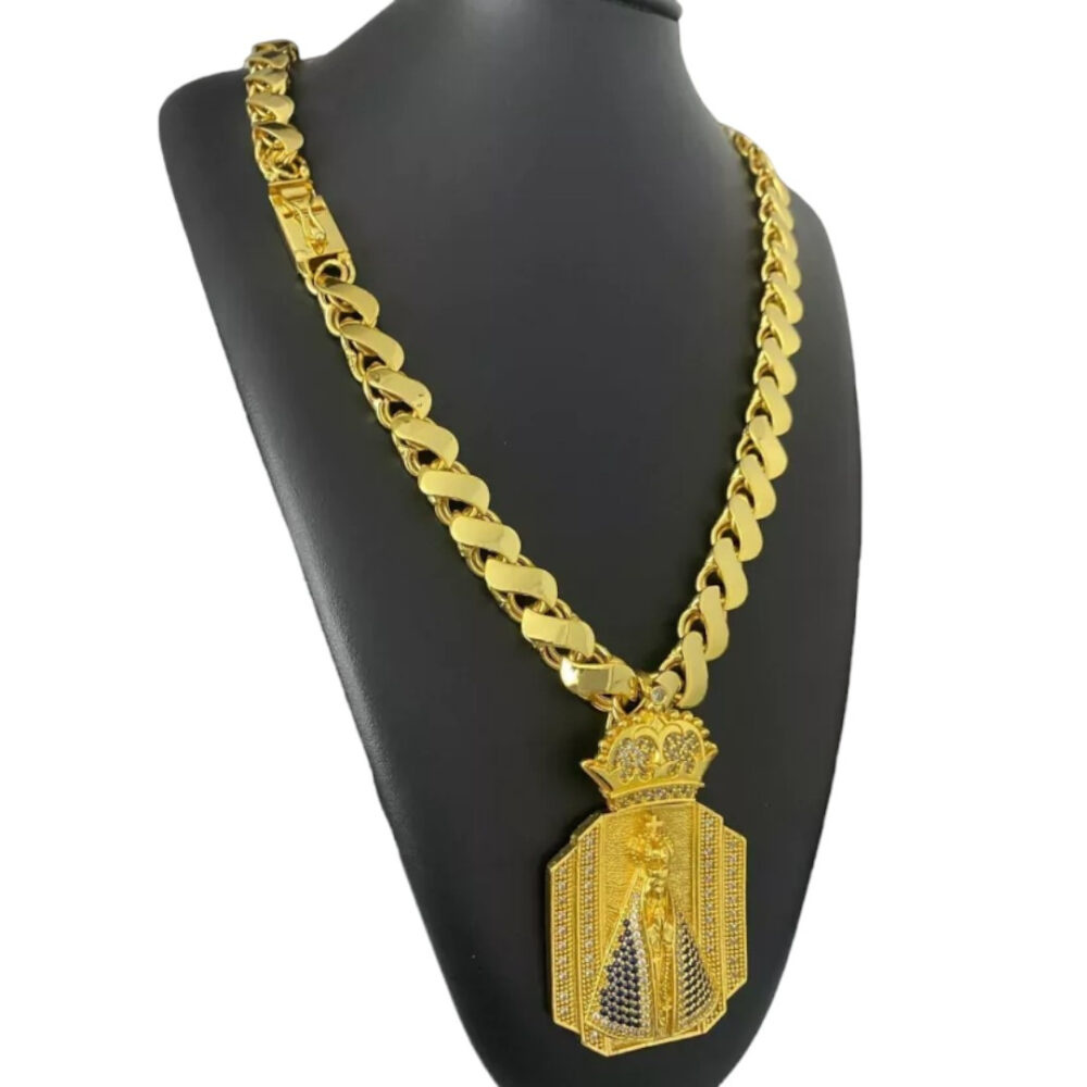 Cordão Friso S 13Mm + Pingente Nossa Senhora Banhado A Ouro - Imagem 5