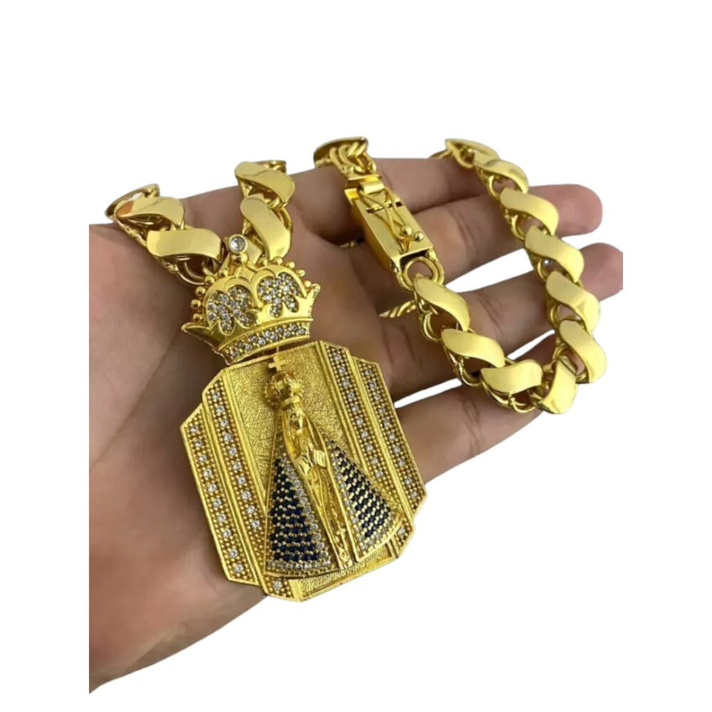 Cordão Friso S 13Mm + Pingente Nossa Senhora Banhado A Ouro - Imagem 4