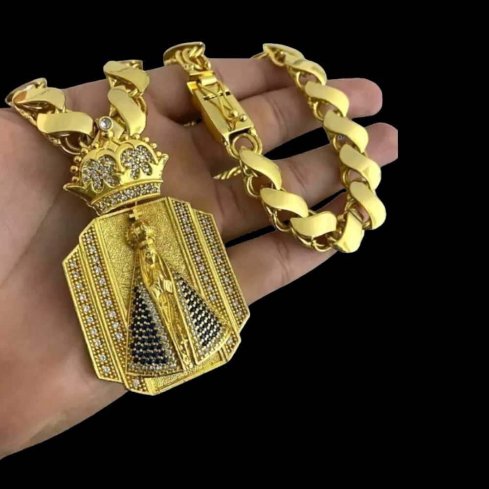 Cordão Friso S 13Mm + Pingente Nossa Senhora Banhado A Ouro