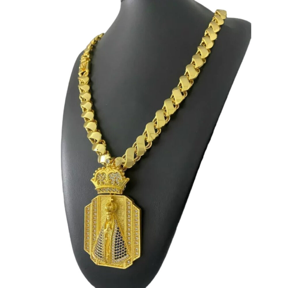Cordão Friso S 13Mm + Pingente Nossa Senhora Banhado A Ouro - Imagem 6