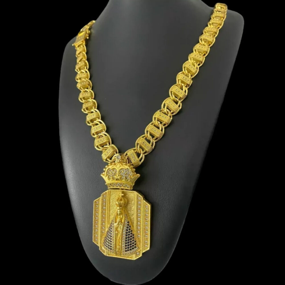 Cordão 15Mm Dubai + Pingente Nossa Senhora - Banhado A Ouro