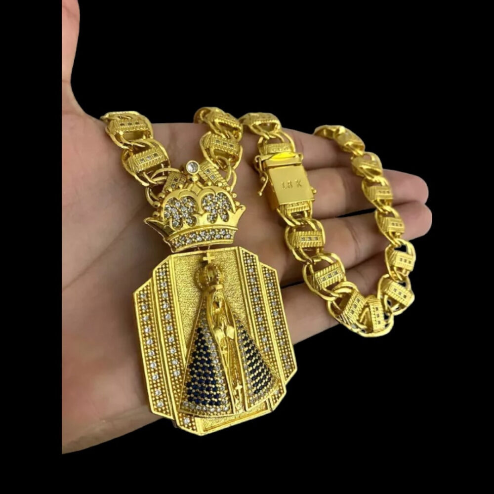 Cordão 15Mm Dubai + Pingente Nossa Senhora - Banhado A Ouro - Imagem 5
