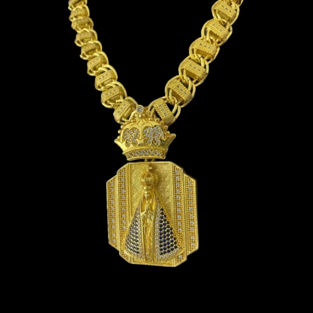 Cordão 15Mm Dubai + Pingente Nossa Senhora - Banhado A Ouro - Imagem 3