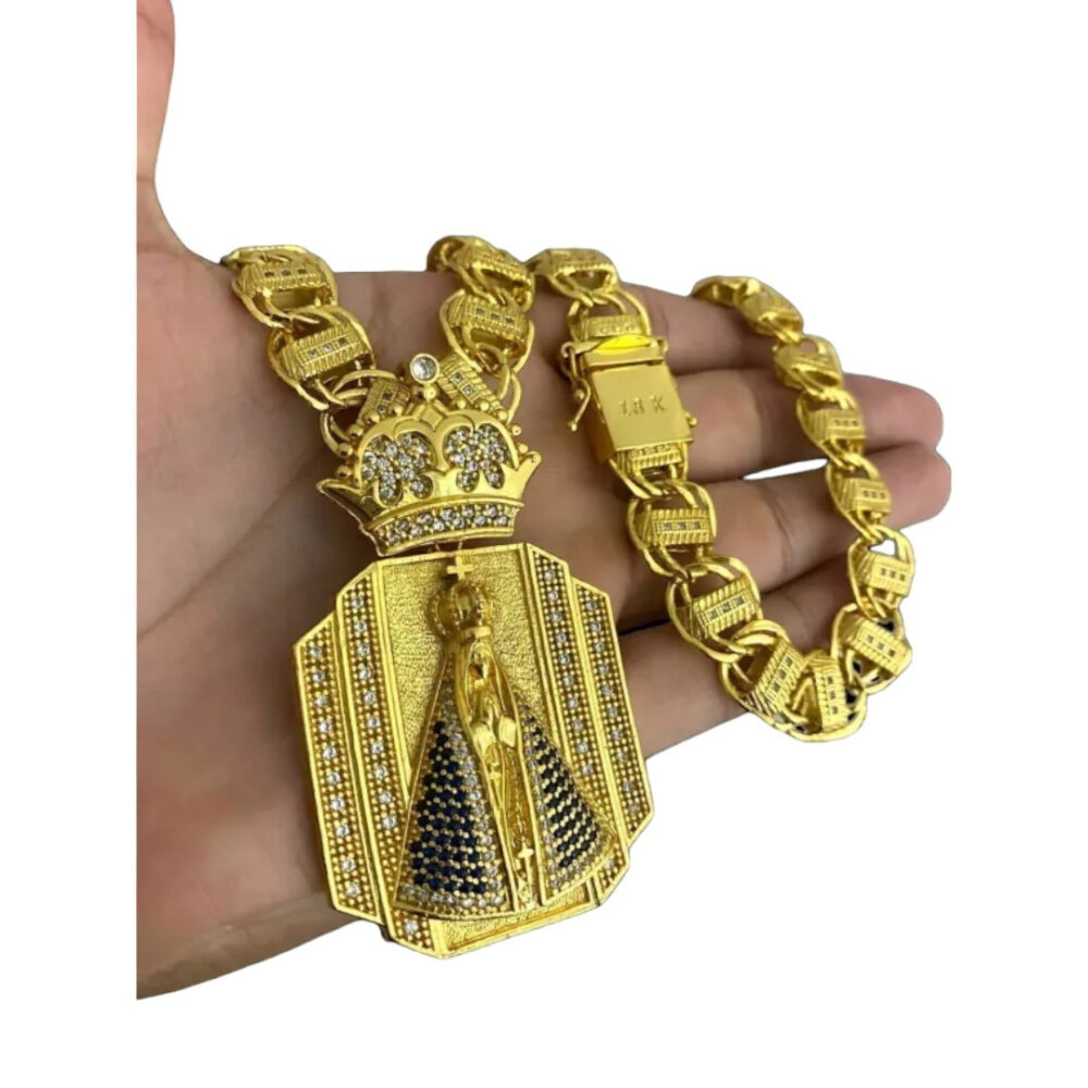 Cordão 15Mm Dubai + Pingente Nossa Senhora - Banhado A Ouro - Imagem 4