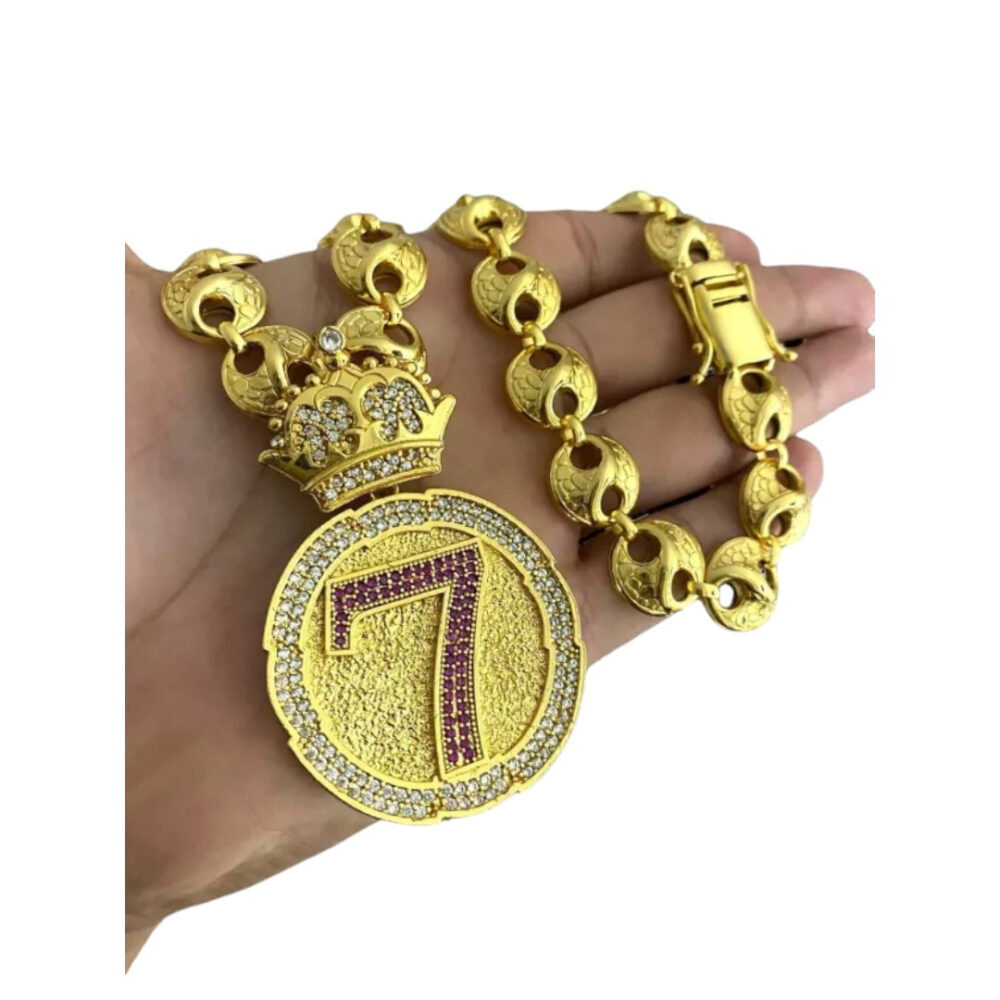 Cordão Oriental 13Mm + Pingente Número 7 Rosa Banhado A Ouro - Imagem 5