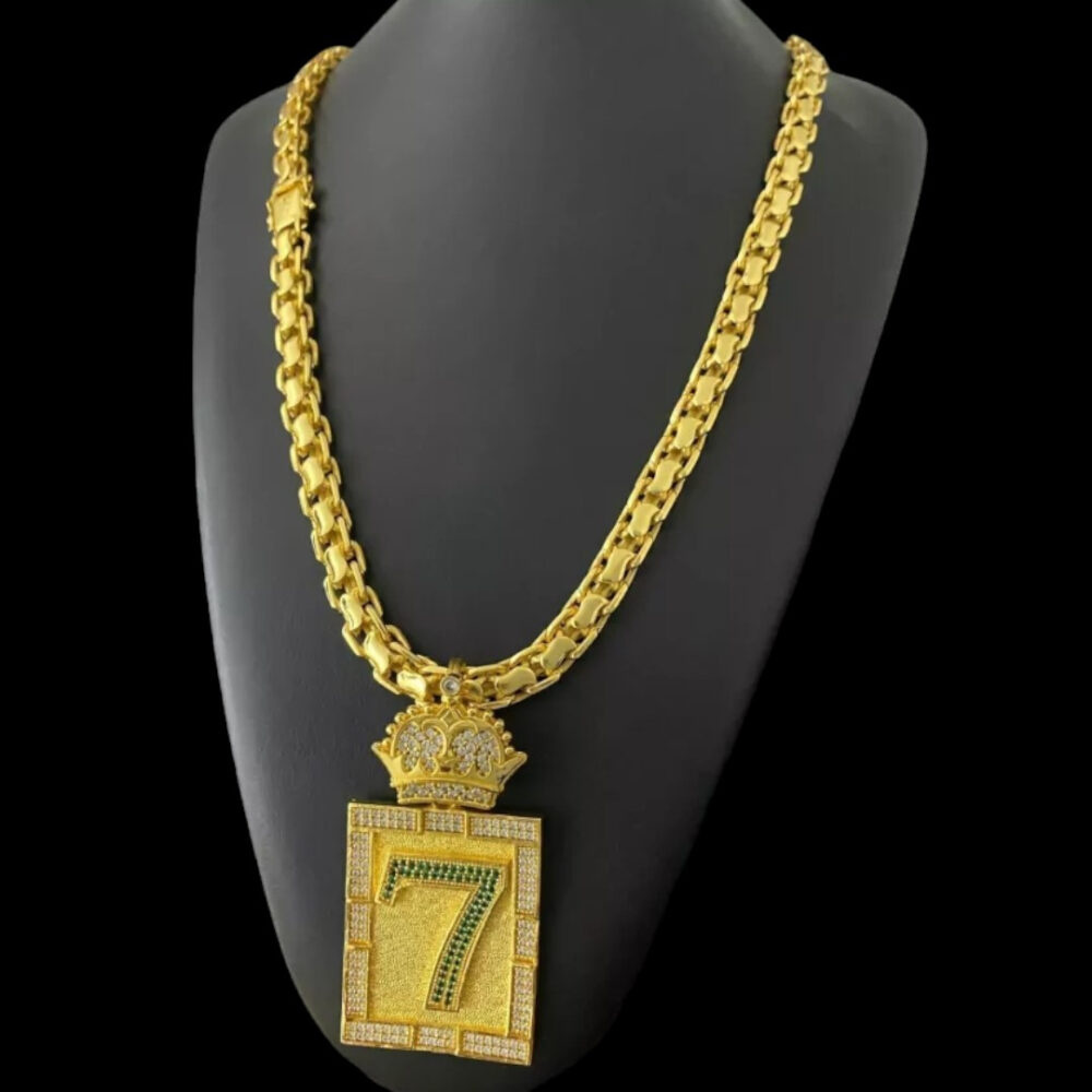 Cordão Cadeado Duplo S 10Mm + Pingente 7 Banhado A Ouro 18K