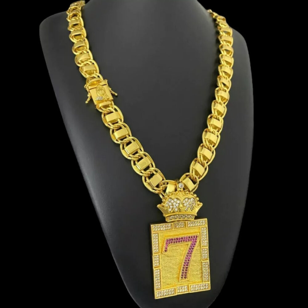 Cordão Dubai 15Mm Fecho Mão  + Pingente 7 Banhado A Ouro 18K