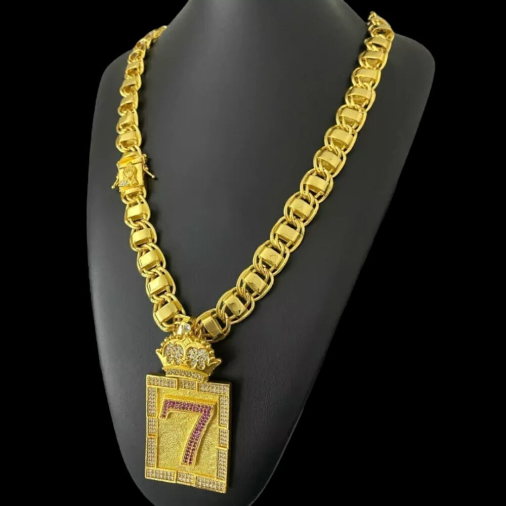 Cordão Dubai 15Mm Fecho Mão  + Pingente 7 Banhado A Ouro 18K - Imagem 3