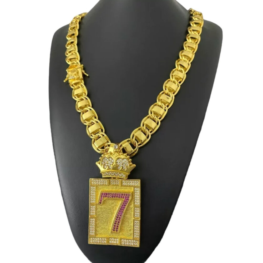 Cordão Dubai 15Mm Fecho Mão  + Pingente 7 Banhado A Ouro 18K - Imagem 4