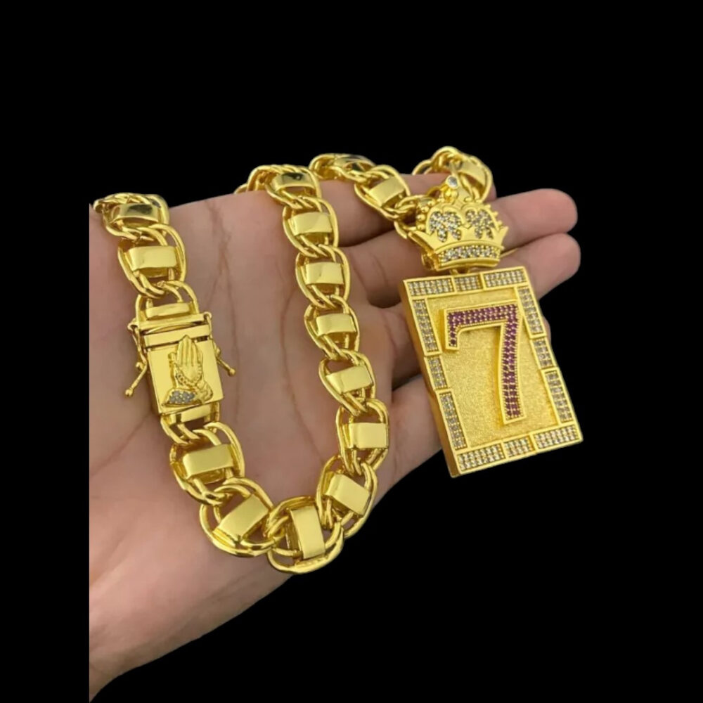 Cordão Dubai 15Mm Fecho Mão  + Pingente 7 Banhado A Ouro 18K - Imagem 2