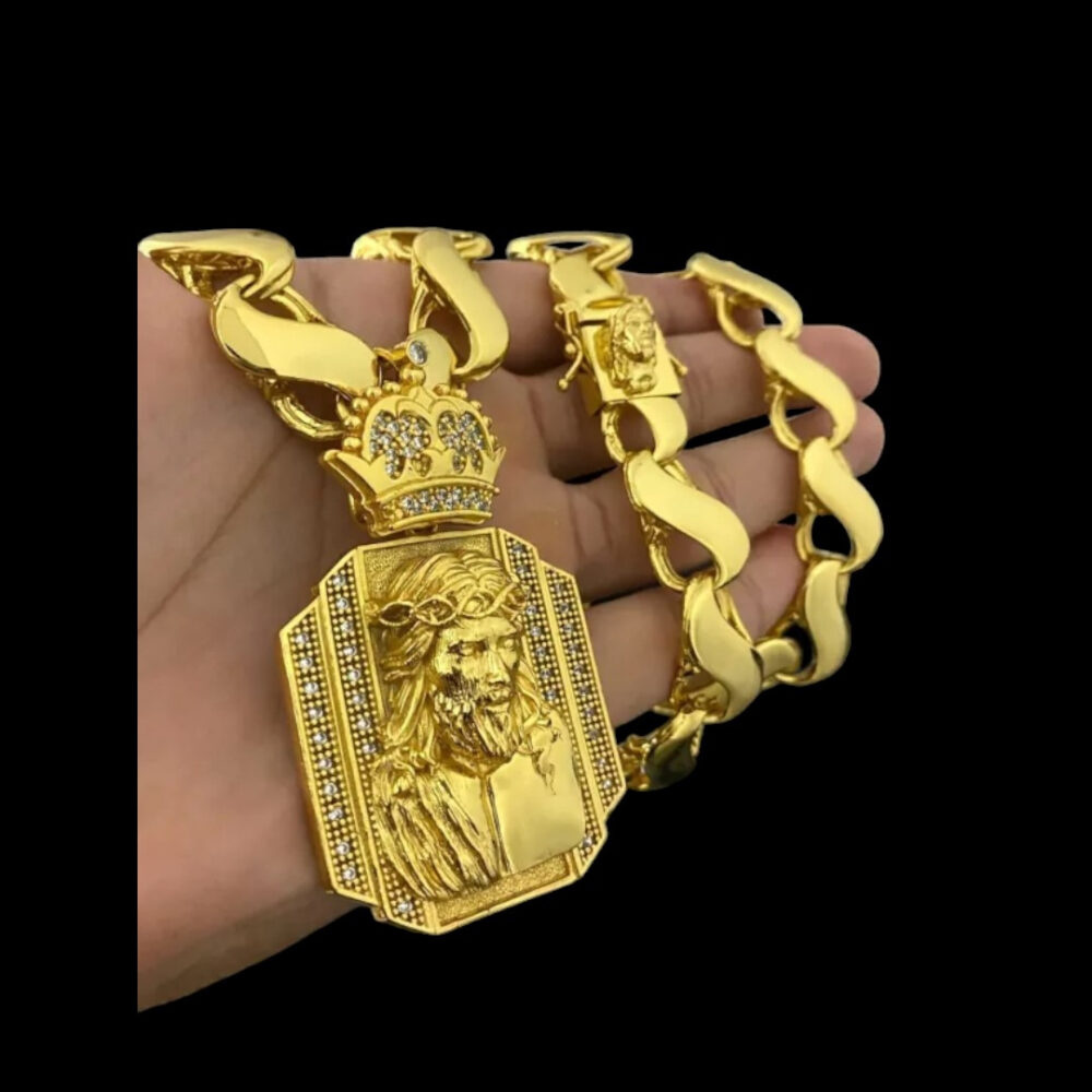 Cordão Friso S 16Mm + Pingente Jesus - Banhado Ouro 18K