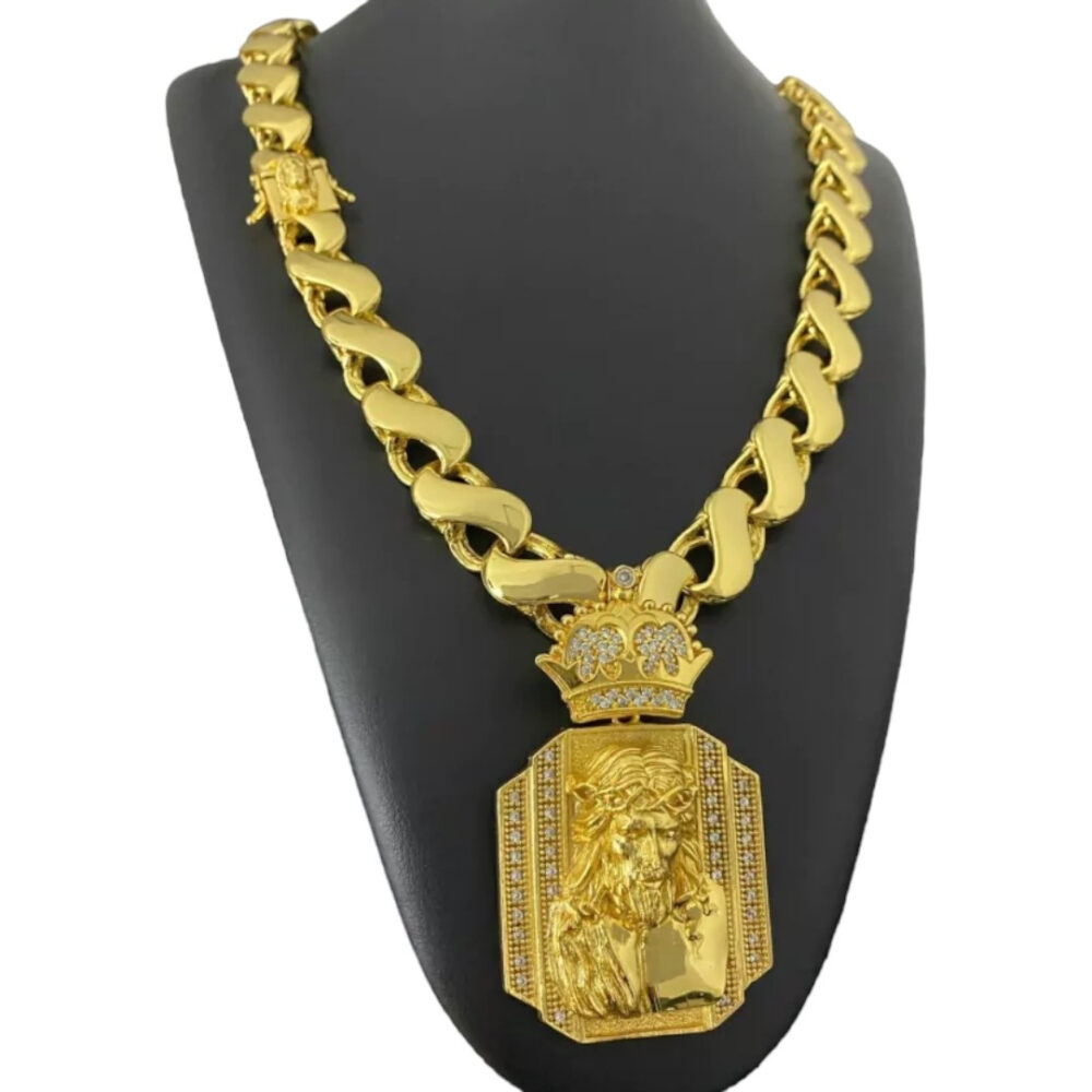 Cordão Friso S 16Mm + Pingente Jesus - Banhado Ouro 18K - Imagem 4