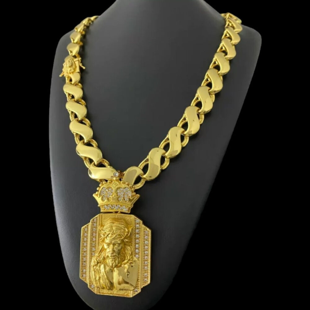 Cordão Friso S 16Mm + Pingente Jesus - Banhado Ouro 18K - Imagem 2