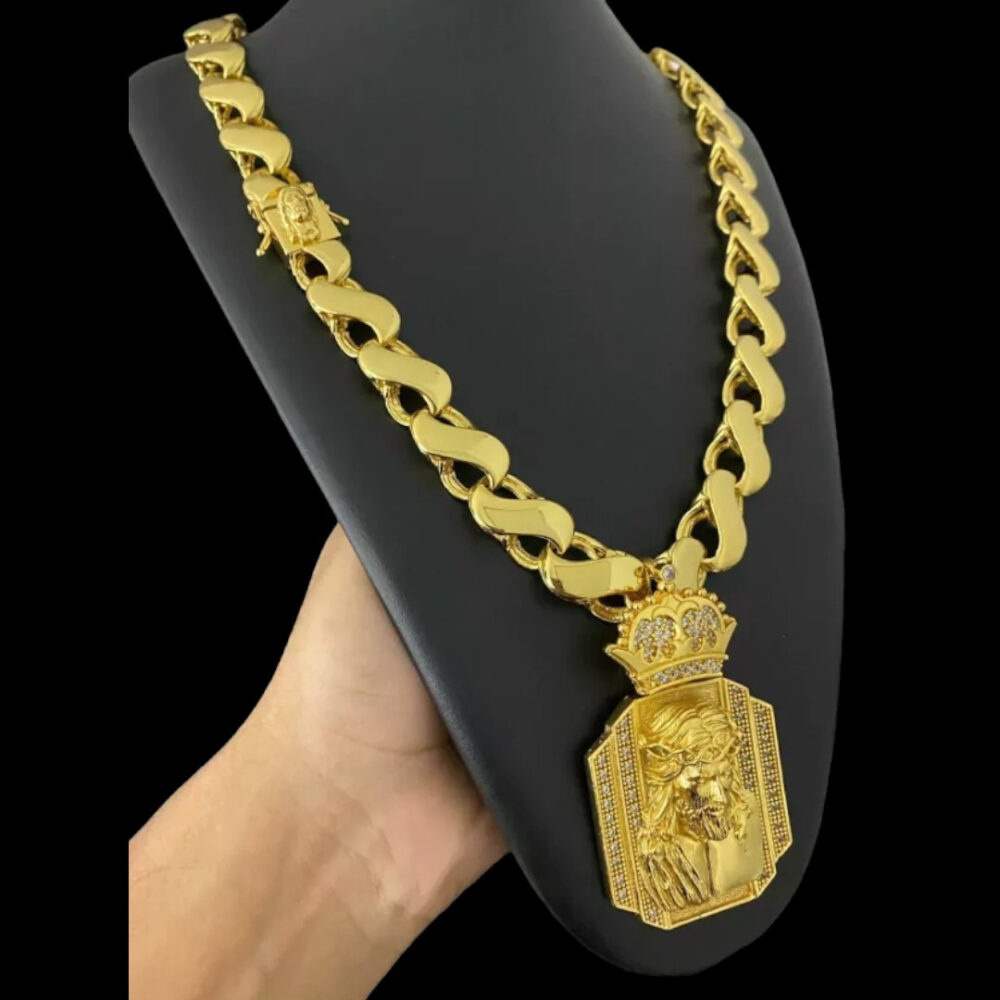 Cordão Friso S 16Mm + Pingente Jesus - Banhado Ouro 18K - Imagem 3