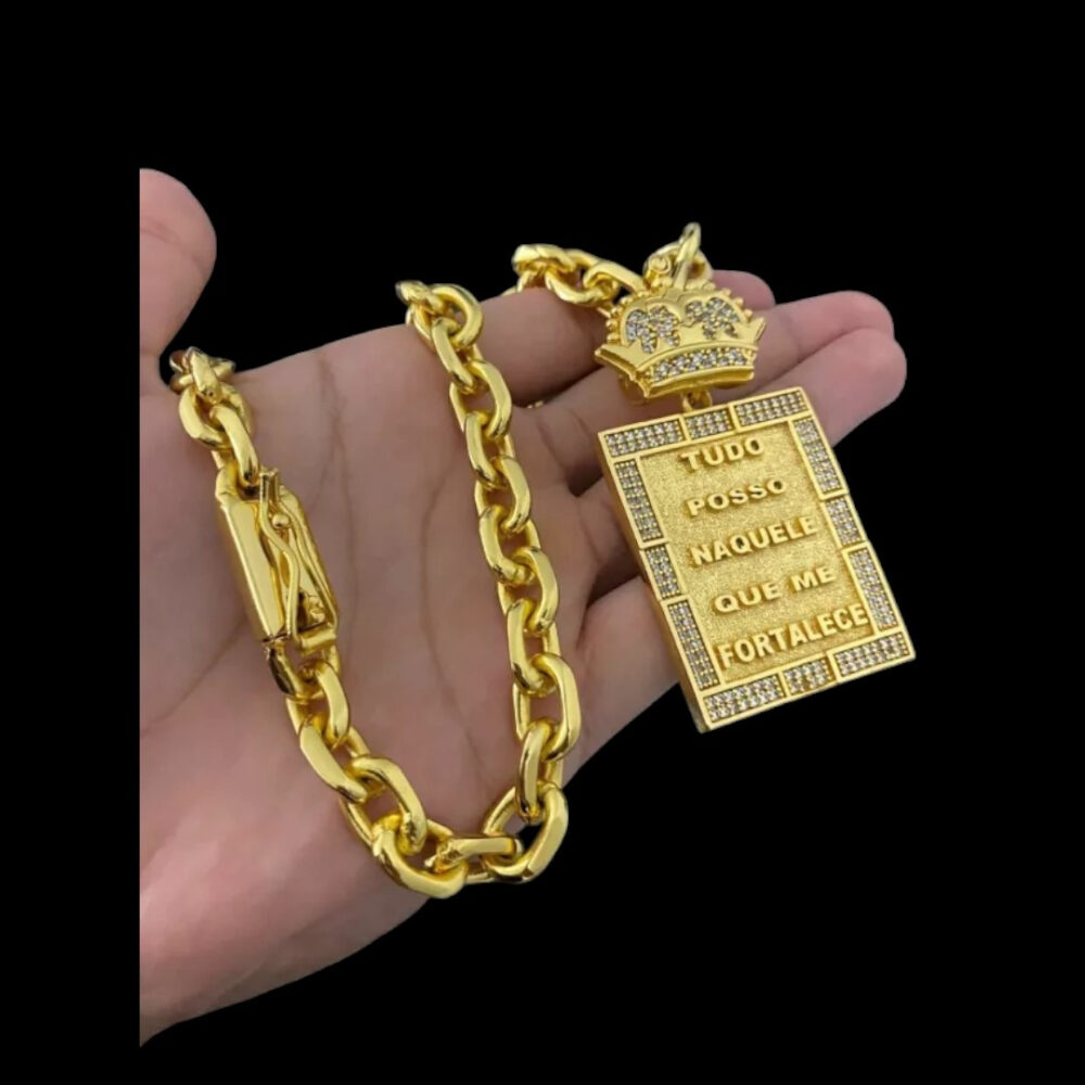 Cordão Cadeado 12Mm + Pingente Tudo Posso - Banhado A Ouro