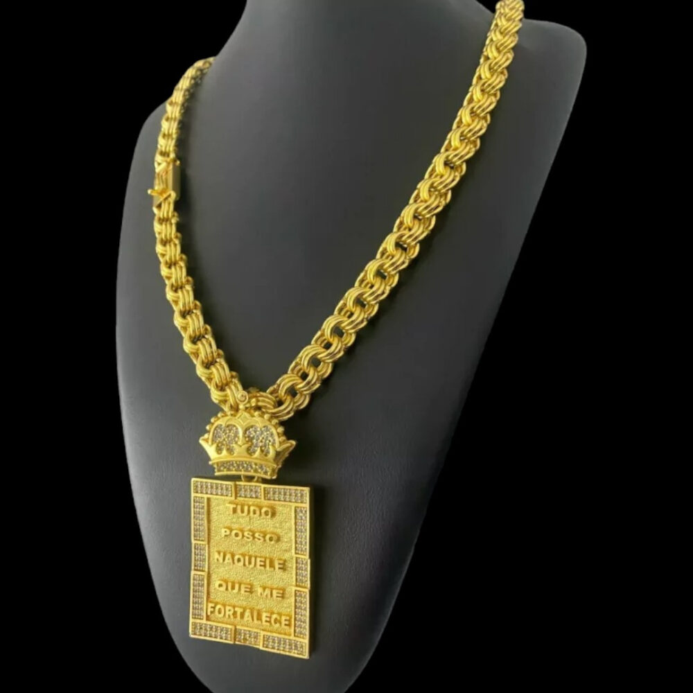 Cordão Friso 12Mm + Pingente Tudo Posso - Banhado A Ouro 18K - Imagem 3