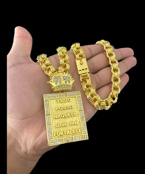 Cordão Friso 12mm + Pingente Tudo Posso - Banhado a Ouro 18k