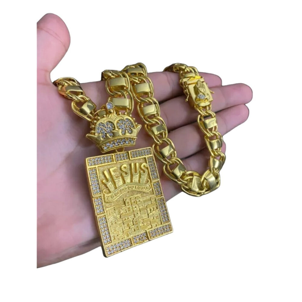 Cordão Dubai 15Mm + Pingente Jesus - Banhado A Ouro 18K - Imagem 3