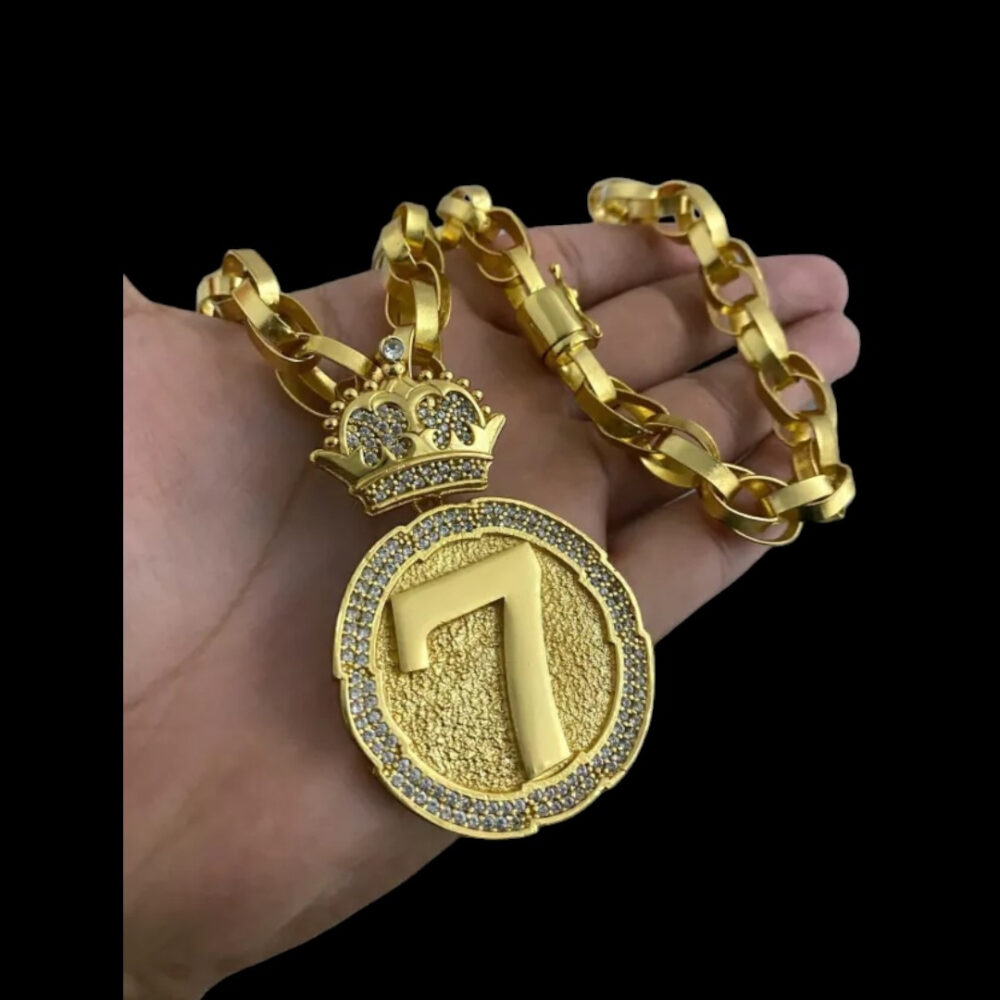 Cordão Trançado 12Mm + Pingente 7 - Banhado A Ouro 18K