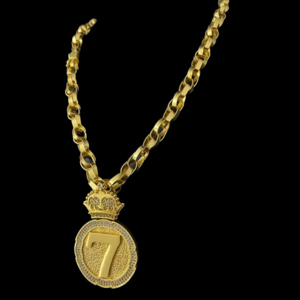 Cordão Trançado 12Mm + Pingente 7 - Banhado A Ouro 18K - Imagem 3