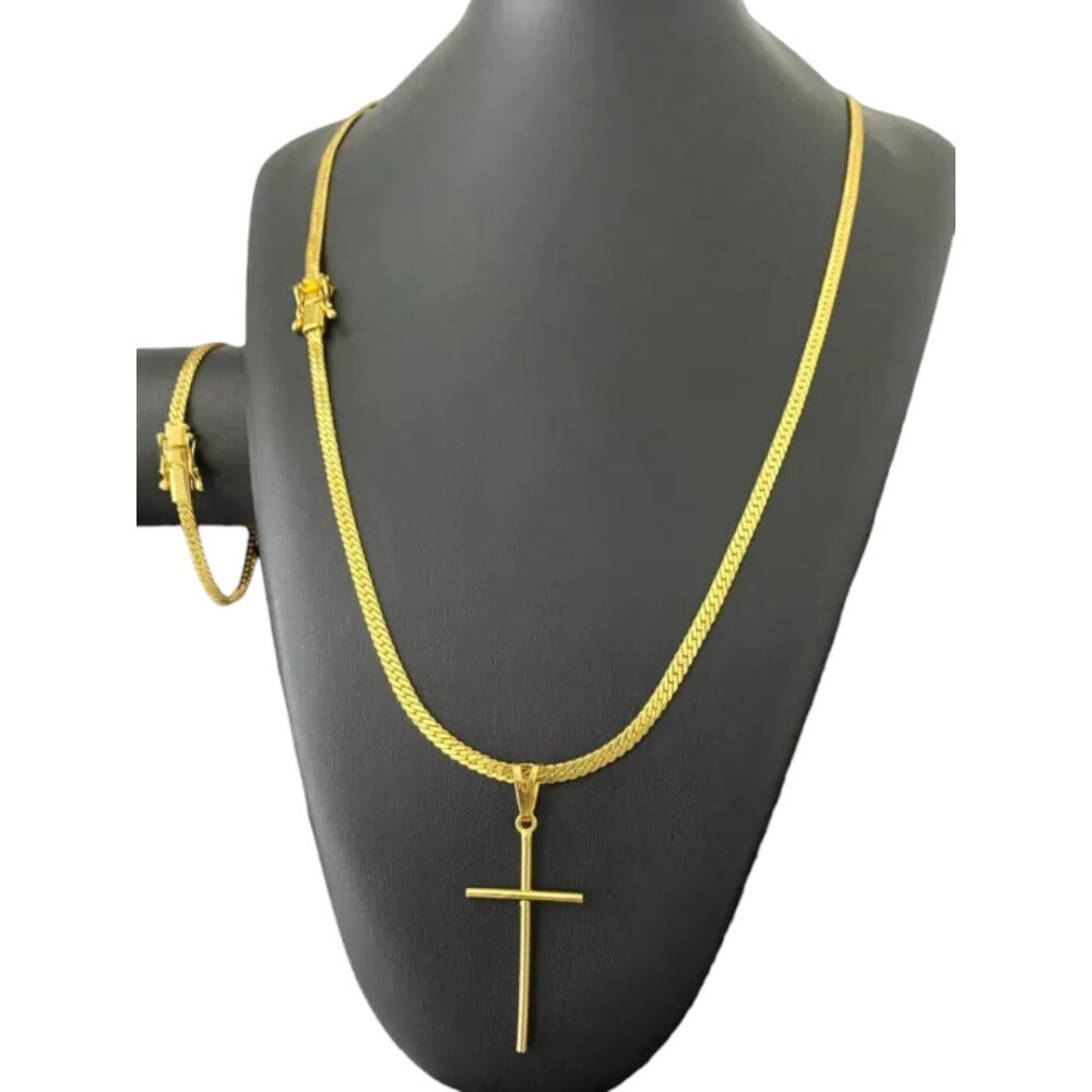 Cordão + Pulseira Grumet Laminado 4Mm + Cruz  Banhado A Ouro - Imagem 2