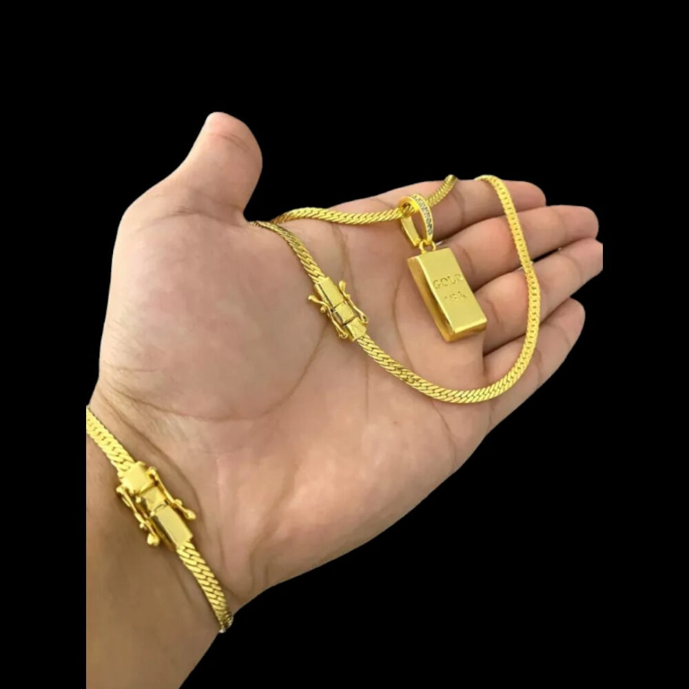 Cordão + Pulseira Grumet 4Mm + Pingente Gold Banhado A Ouro - Imagem 2